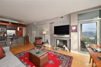 A two sided gas fireplace. Cozy for living room and bedroom.