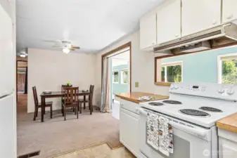 View of the kitchen showing the open feel of the home.