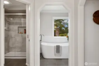 Skylight extends over both shower and luxurious soking tub