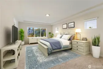Bright primary bedroom on the third floor with virtual staging
