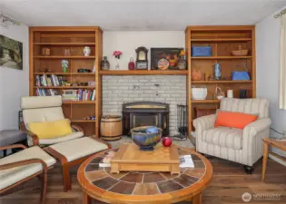 family room with wood stove