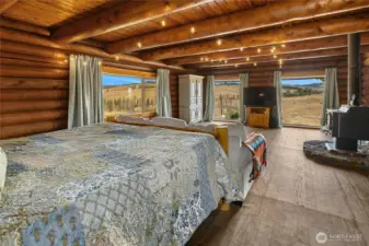 Ginormous bedroom downstairs with cozy stove.
