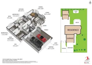 Thoughtfully designed single-level floor plan with 3 bedrooms, 2 baths, and open living spaces — plus a detached shop/garage and spacious outdoor living areas shown in the site layout. Total garage space for 3 cars.