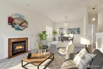 Living room view of dining room, virtually staged.