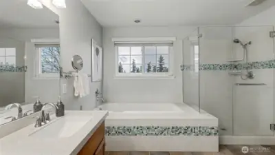 Primary bath with engineered quartz finishes, tile flooring, skylight, and a large glass-walled shower