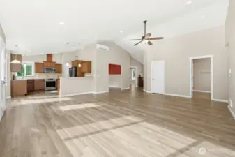 View from living area to kitchen and dining room