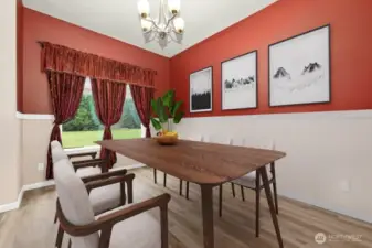 Formal dining room with large window. Virtual staged