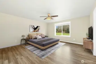 Primary 5pc suite with ceiling fan. Virtual staged