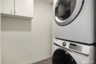 Newer full size washer & dryer with multiple storage cabinets
