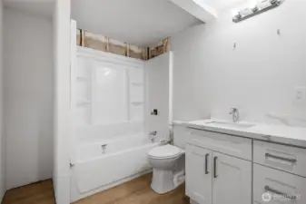 Basement full bath with new tub, shower surround and vanity, just waiting for your personal touches to complete it.