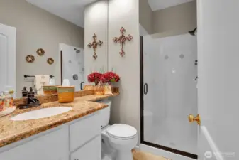 3/4 bathroom on main floor with granite counters and walk in shower!