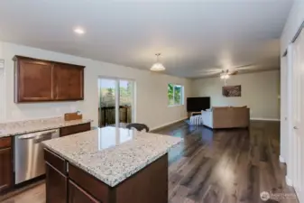 Kitchen view - granite countertop -living room