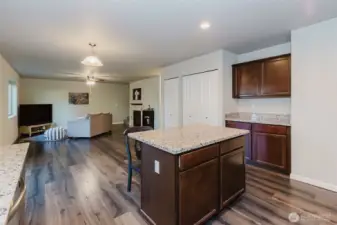 Kitchen view into living room- pantry