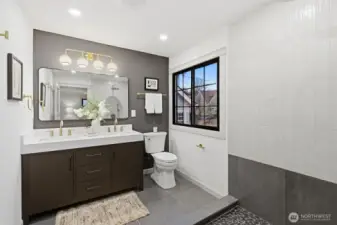 Primary Bathroom. As of photography day, the shower glass surround was waiting on delivery/installation. Should be installed prior to your personal viewing.