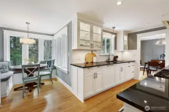 Breakfast nook with built-in bench seating (and storage underneath) is the perfect spot for weekend waffles, late-night bites, and weekday mornings on the go.