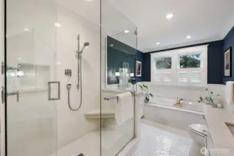 Kohler dual shower heads with thermostatic and volume control valves, Restoration Hardware mirrors & details… Luxury, style, and class.