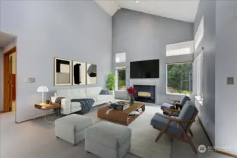 Bight & open living room with gas fireplace & vaulted ceilings, Photo virtually staged