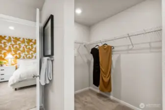 Primary walk-in lcloset. Photo is representational. Actual home is under construction. Colors, details and finishes will vary. See site agent for details.