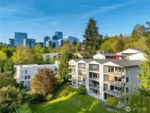 Top Floor End-unit in back of complex, newly installed triple pain windows and slider, territorial views with natural elements surround. Private and secluded in the heart of downtown Bellevue.