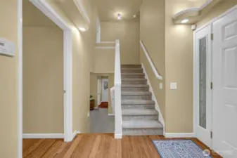 Stairs at entry. Up will lead you to 4 generously sized bedrooms, including the primary. Down leads you to the extra living space