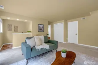 Wet bar in the background in the lower living space