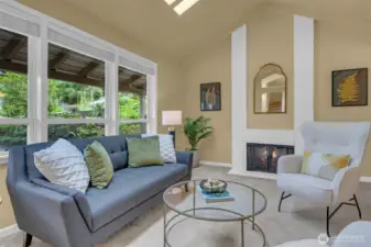 Large windows overlook the front of the house