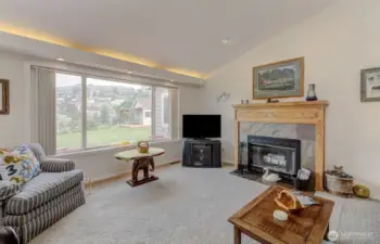 Spacious Living Room features vaulted ceiling, backlighting, large fireplace and picture window to the VIEW!
