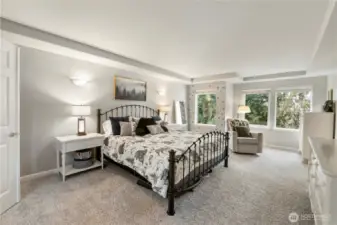 Primary Suite with Double doors , Plenty of windows for natural lighting , coffered ceilings attached Large 5 piece Bathroom