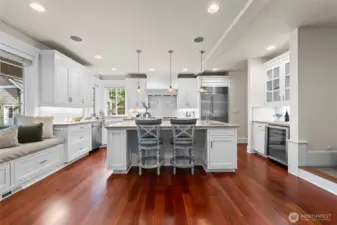 The kitchen is always the heart of the home and that is absolutely true here.  Light and bright, Subzero and Viking appliances, prep sink on the island and plenty of space for everyone to move around.