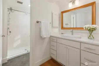 The primary bath boasts new everything.