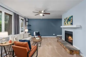 Cozy living room with fireplace and mantle