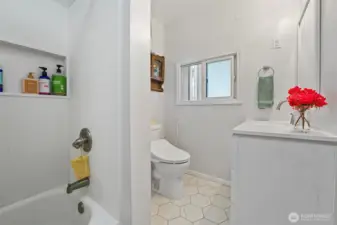 The main bathroom has been recently renovated.