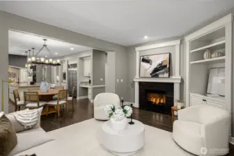 Family room off kitchen has gas fireplace and built-ins
