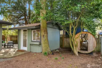Stand alone office/meditation room (with power) and a 4 person barrel sauna!