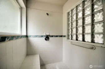 Tile shower in the primary bath.