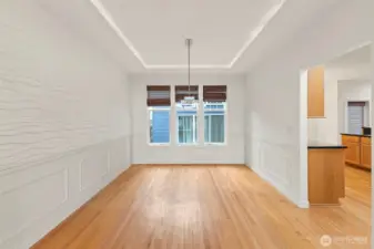 Dining room with coffered ceiling.