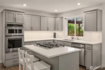 Kitchen features gas range with down draft, slab quartz counters with under-mount stainless trough sink.