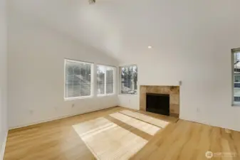 A fireplace in the living room invites relaxation.