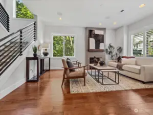 Living room with gas fireplace.