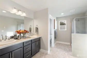 Primary suite bath with duel sinks and large walk-in closet.