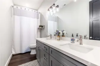 Full Hall Bathroom  Single vanity with 2 sinks and quartz counters  Tub with shower niche cubby