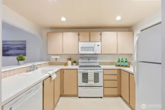 Spacious kitchen with generous counter space and natural light