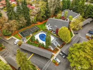 Overhead view of the community with landscaped grounds and shared amenities