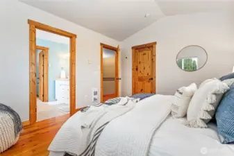 Fresh coat of beautiful neutral paint, gleaming rustic pine floors & split from other bedrooms