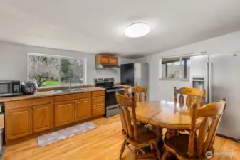 The large kitchen with lots of storage and counter space.