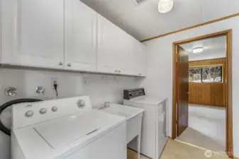 Large laundry room with storage.