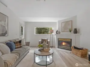 Generous Living Room with Vaulted Ceilings, Gas FP and view to Greenbelt