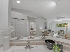 View of Living Area (Full Size Laundry behind double doors) from Kitchen