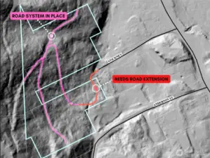 Overhead view with approximate boundaries in blue and the road system highlighted as noted.