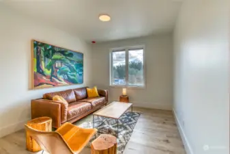 Natural southern light fills the living area year-round, creating a warm and inviting atmosphere. The large wall at right is wired for media.